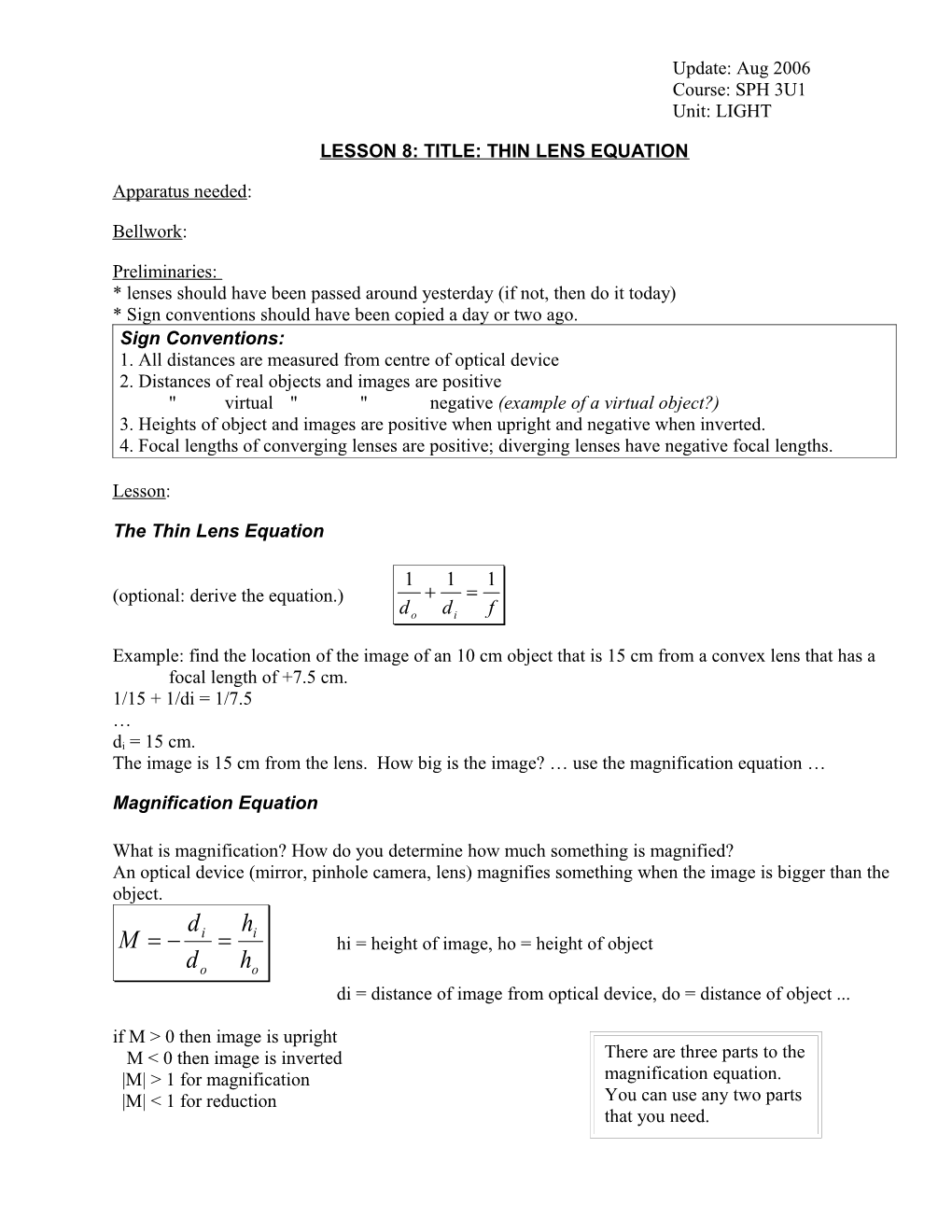 Lesson 8: Title: Thin Lens Equation