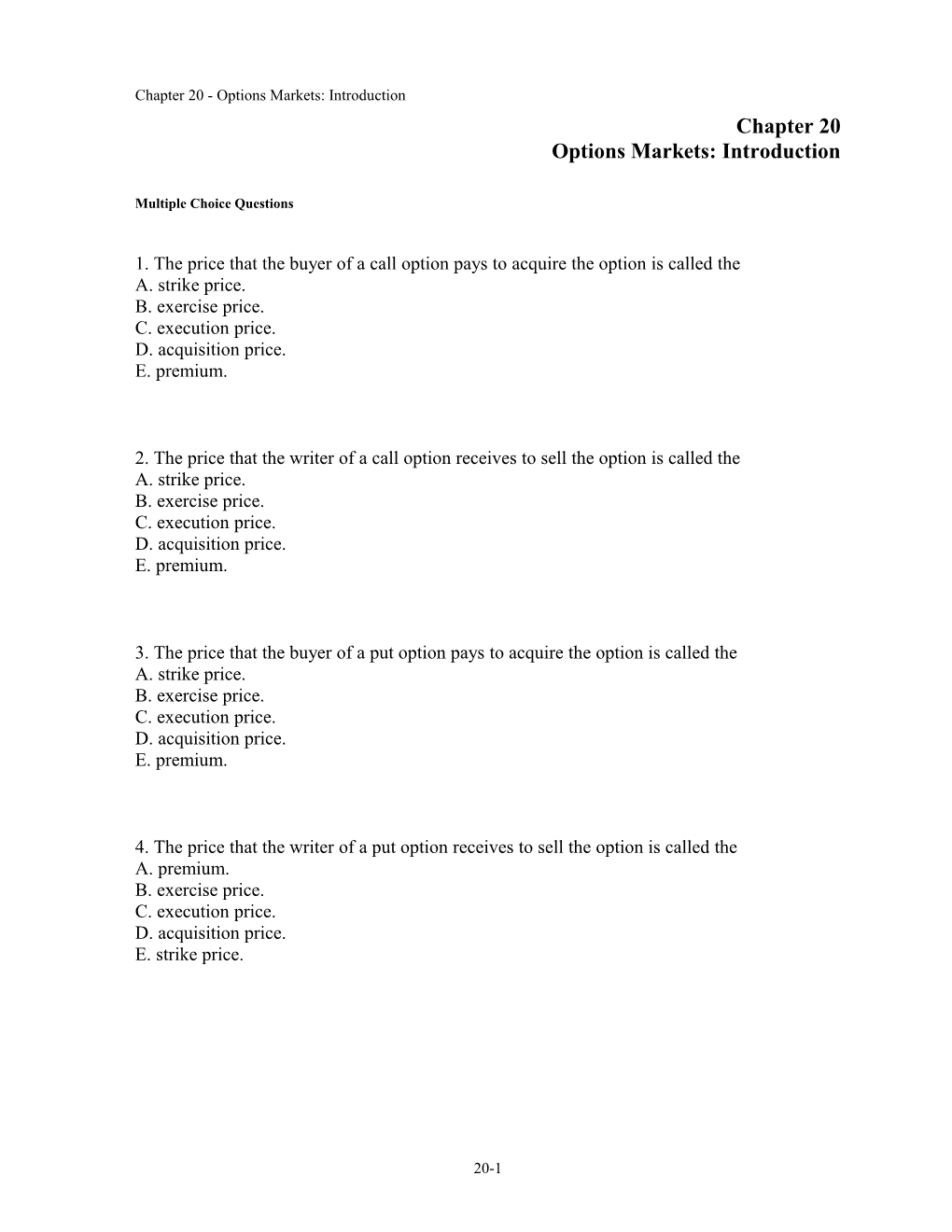 Chapter 20 Options Markets: Introduction