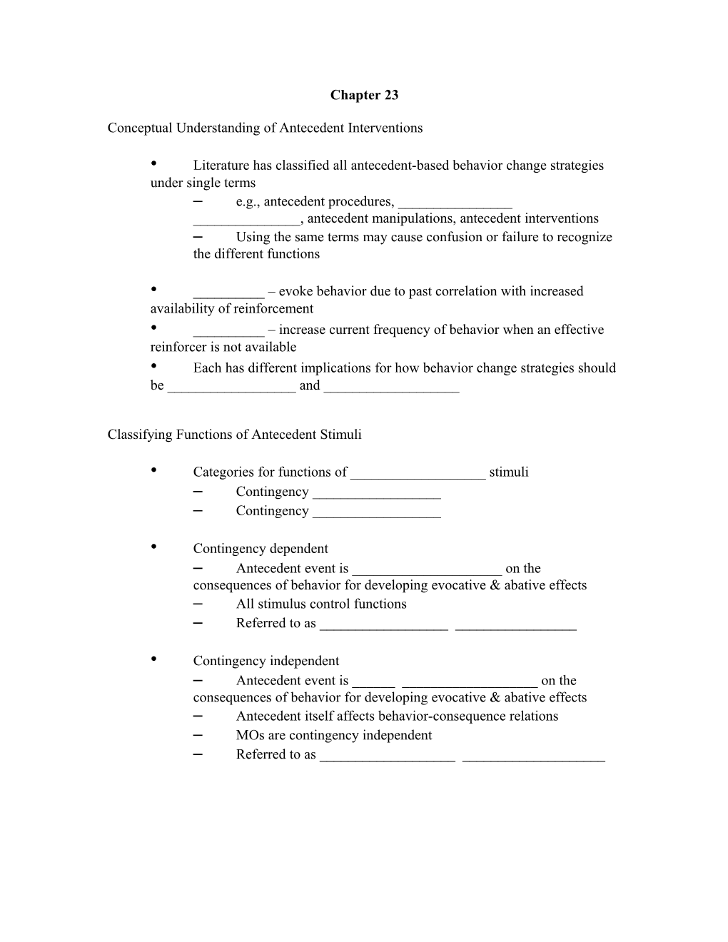 Conceptual Understanding of Antecedent Interventions