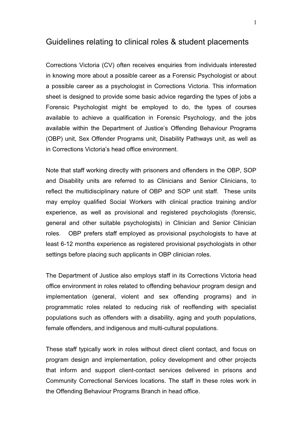 Guidelines Relating to Clinical Roles and Student Placements