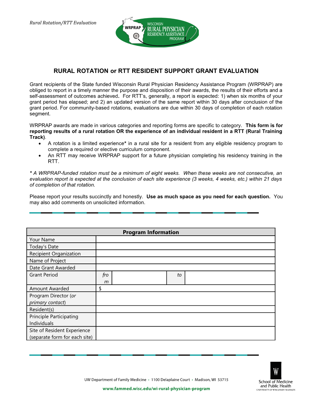 RURAL ROTATION Or RTT RESIDENT SUPPORT GRANT EVALUATION