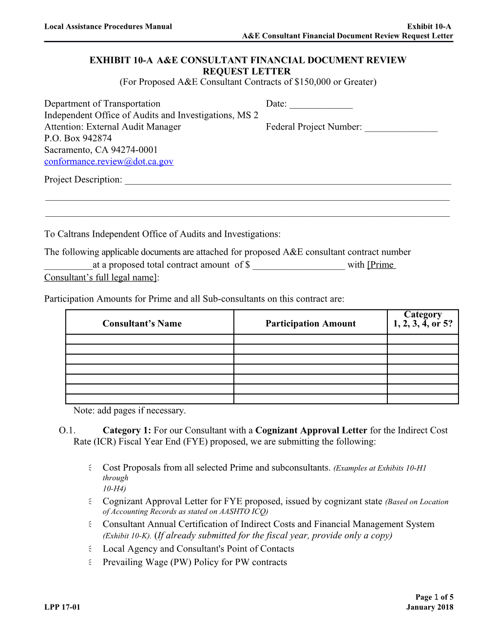 Local Assistance Procedures Manual Exhibit 10-A