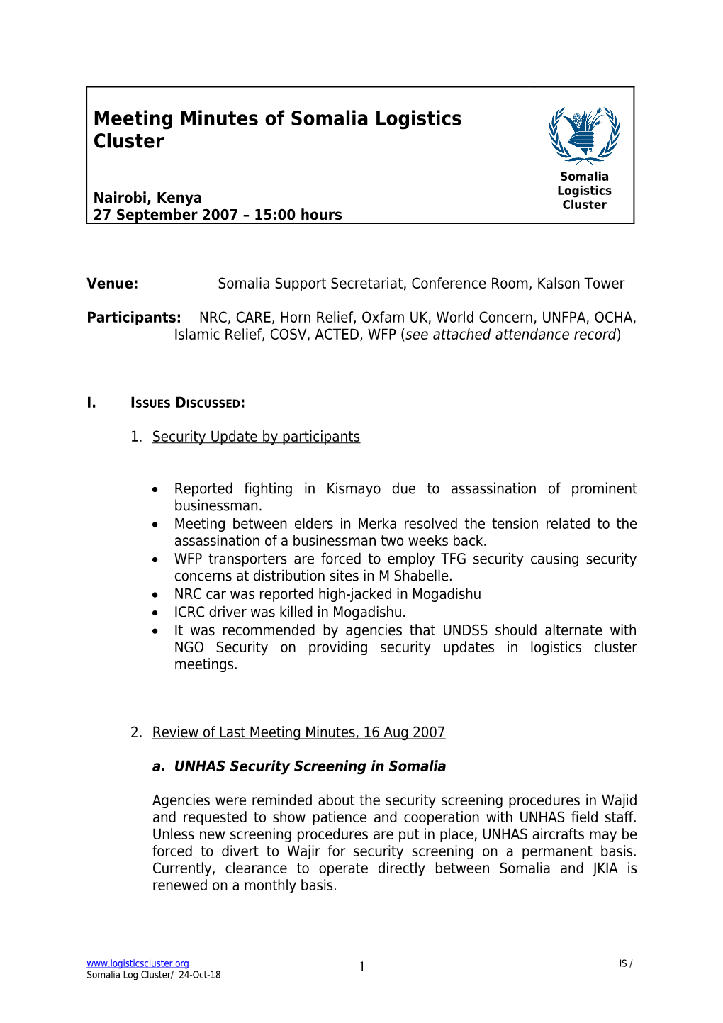 Minutes of Logistics Cluster in Kenya