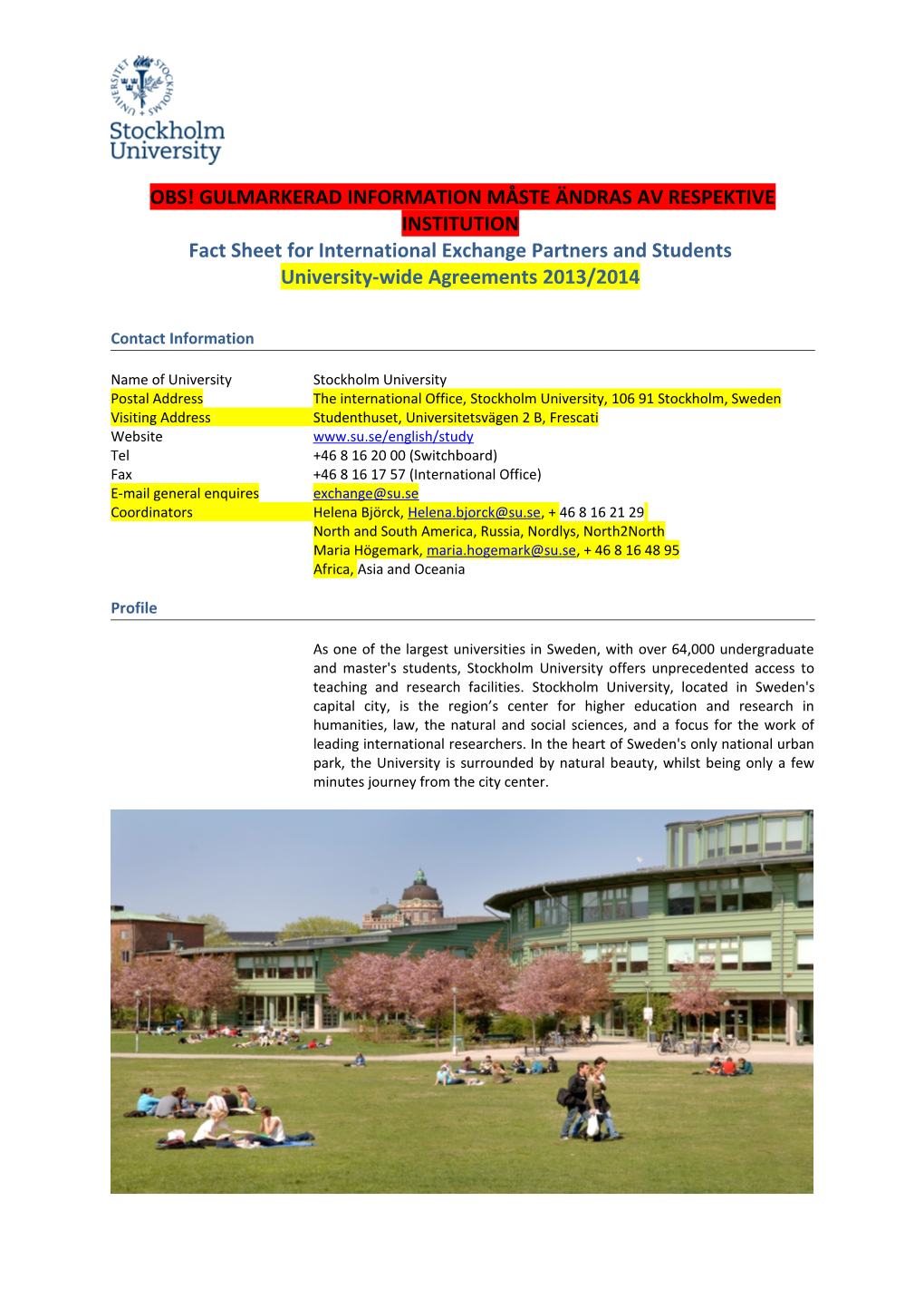 Factsheet for International Exchange Partners and Students