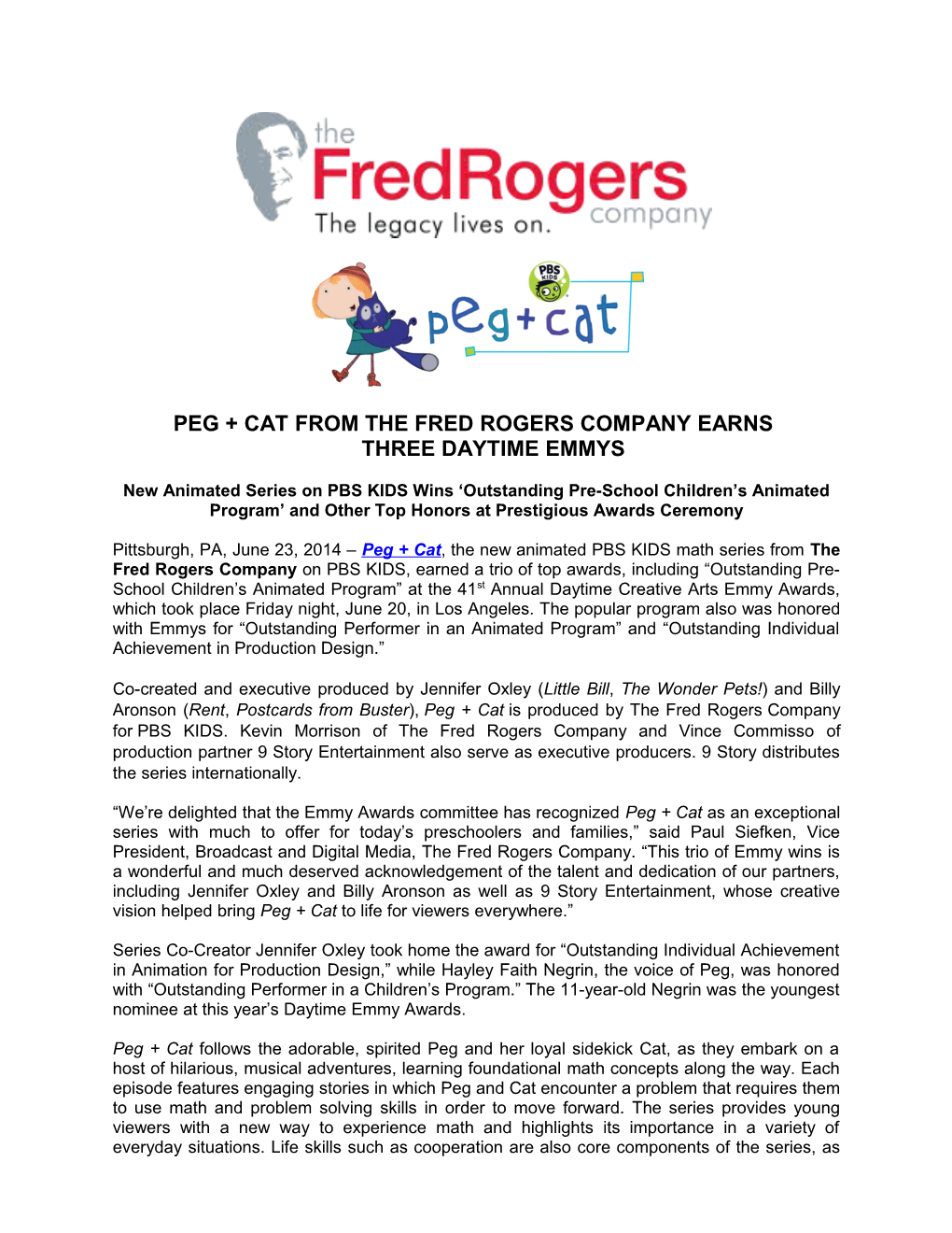 Peg + Cat from the Fred Rogers Company Earnsthreedaytime Emmys