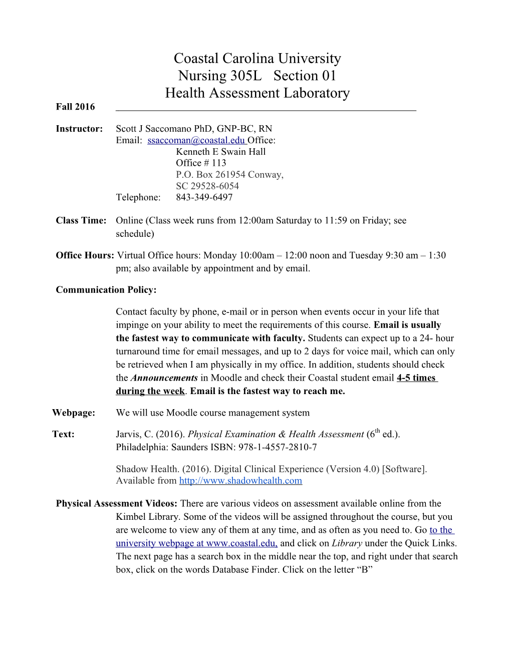 Coastal Carolina University Nursing 305Lsection 01 Health Assessment Laboratory