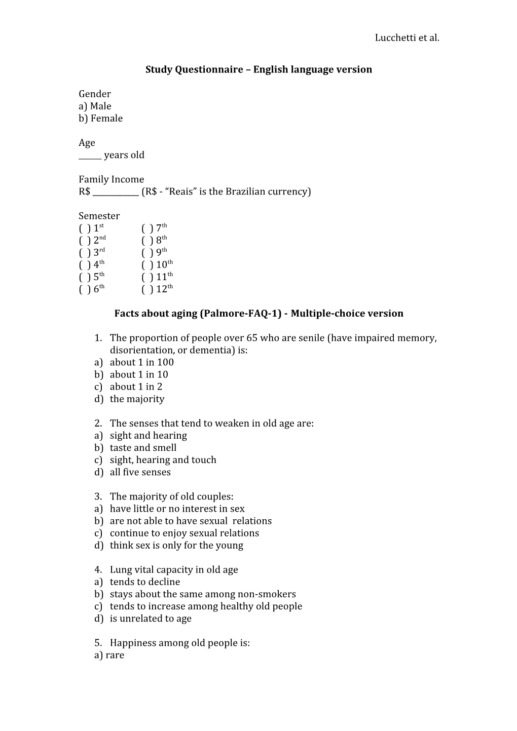 Study Questionnaire English Language Version