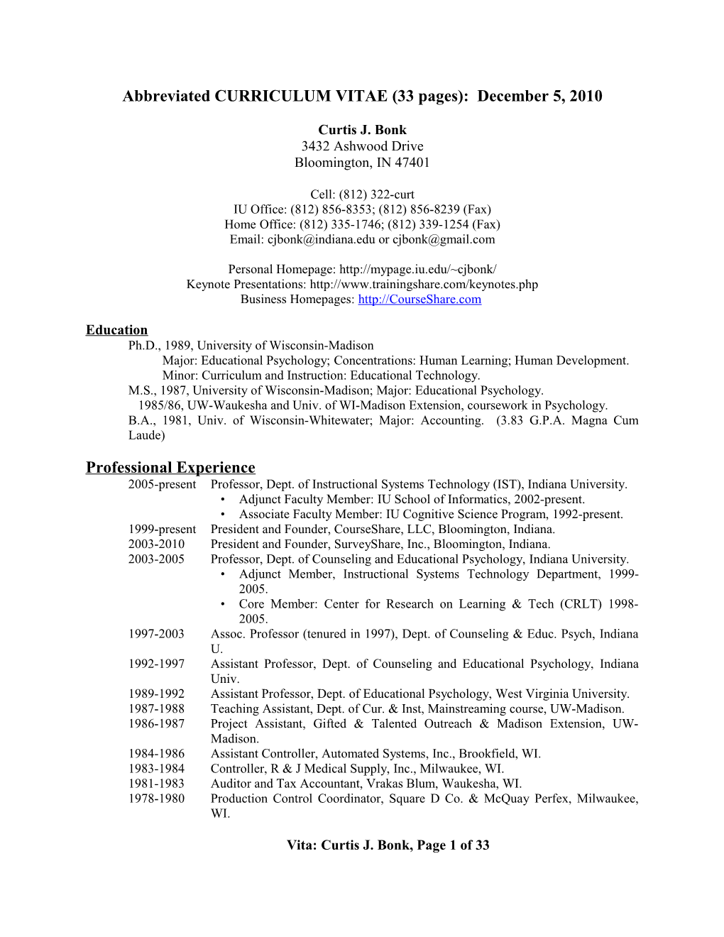 Abbreviated CURRICULUM VITAE (33 Pages): December 5, 2010