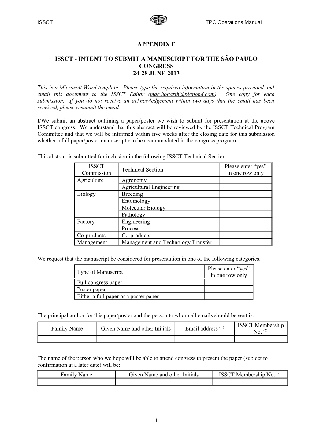 Issct - Intent to Submit a Manuscript for the São Paulo Congress