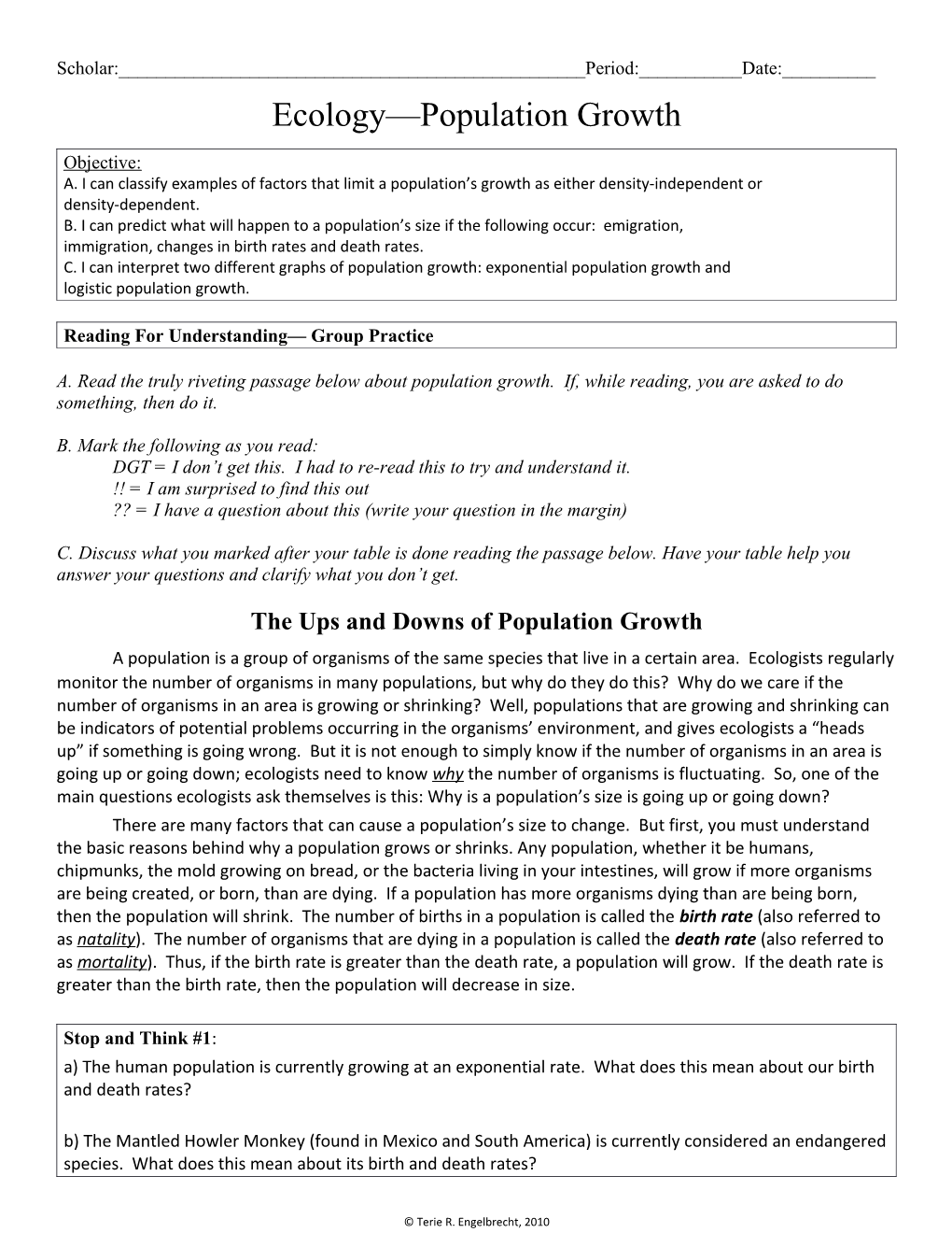 Ecology Unit: Population Growth Activities (Objective #2)