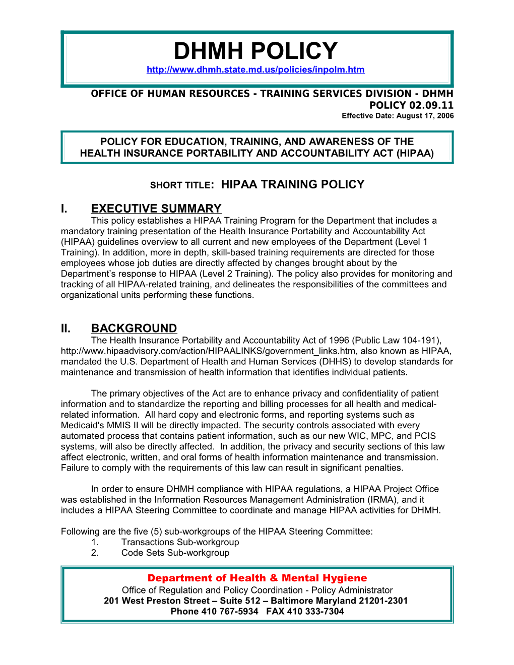 Office of Human Resources - Training Services Division - Dhmh Policy 02