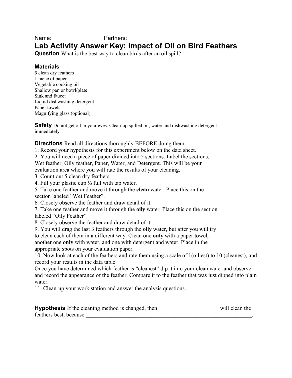 Lab Activity Answer Key: Impact of Oil on Bird Feathers