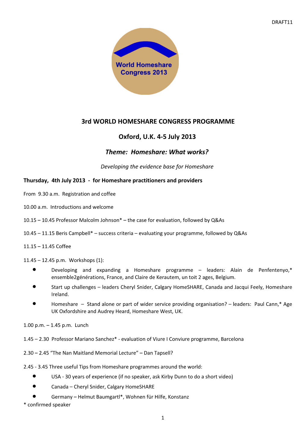 3Rd WORLD HOMESHARE CONGRESS PROGRAMME