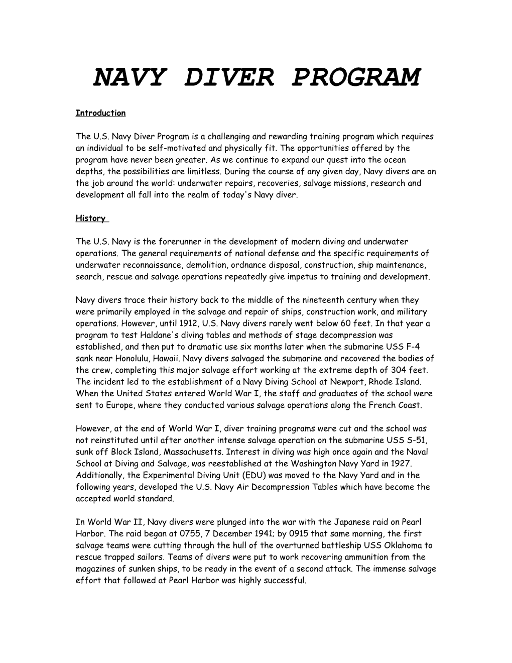 Navy Diver Program