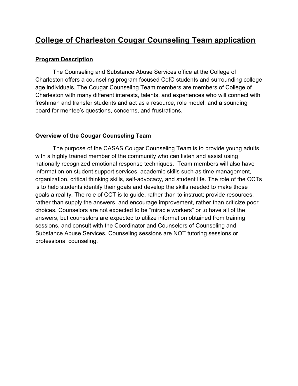 College of Charleston Peer Counselor Application