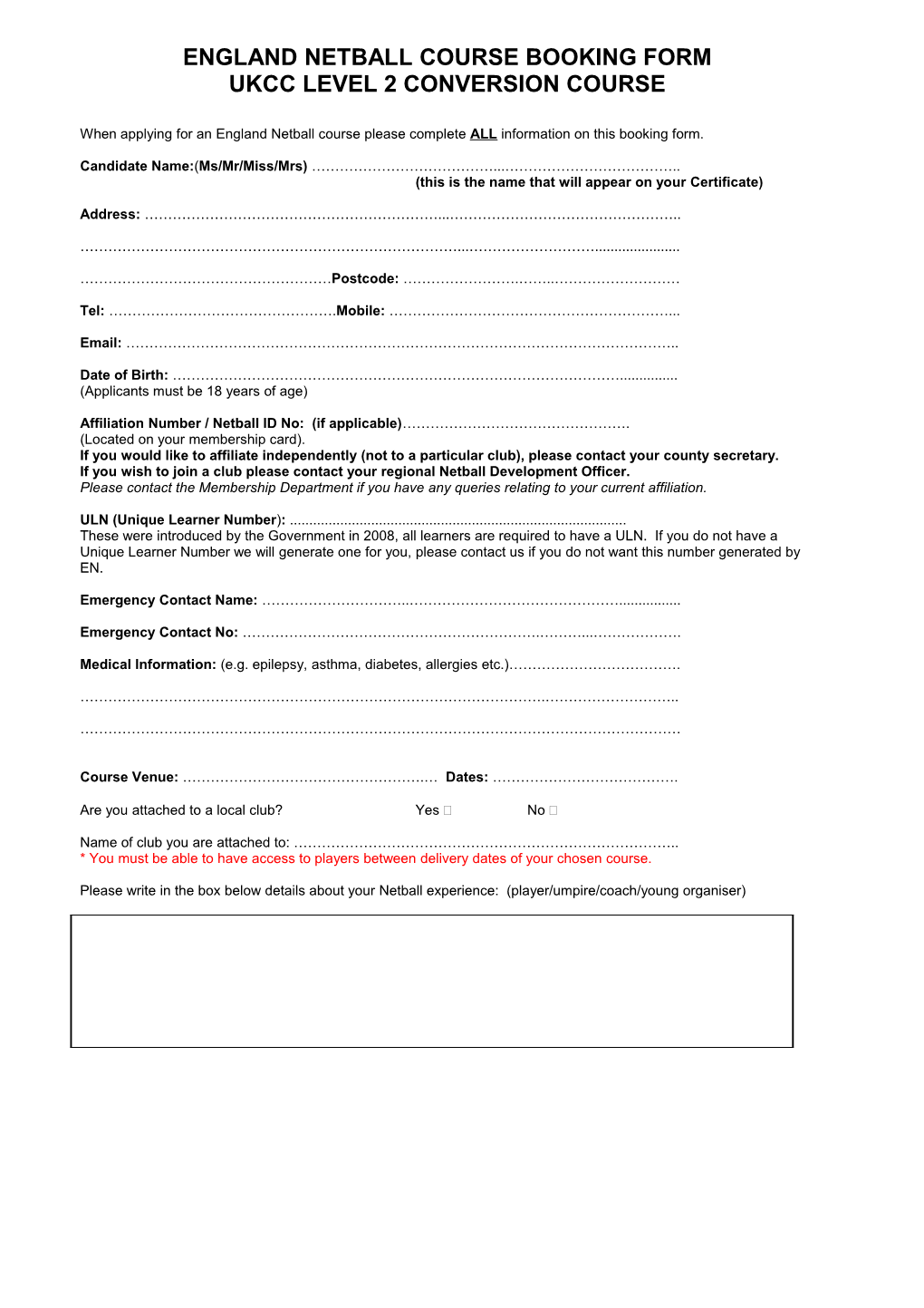 England Netballcourse Booking Form