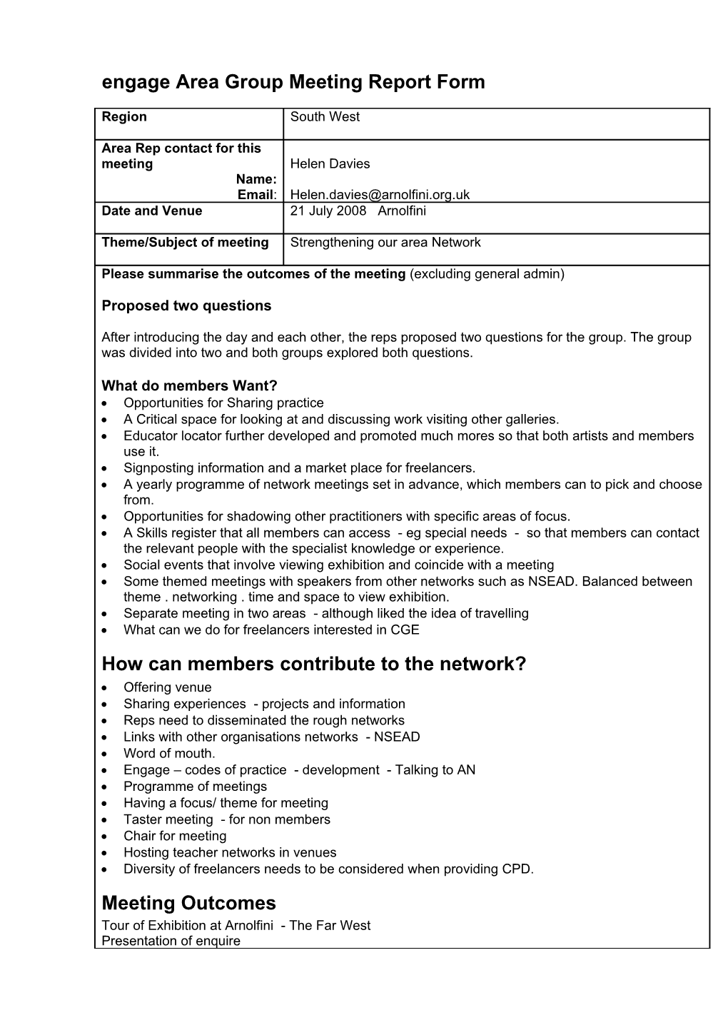 Engage Area Group Meeting Report Form