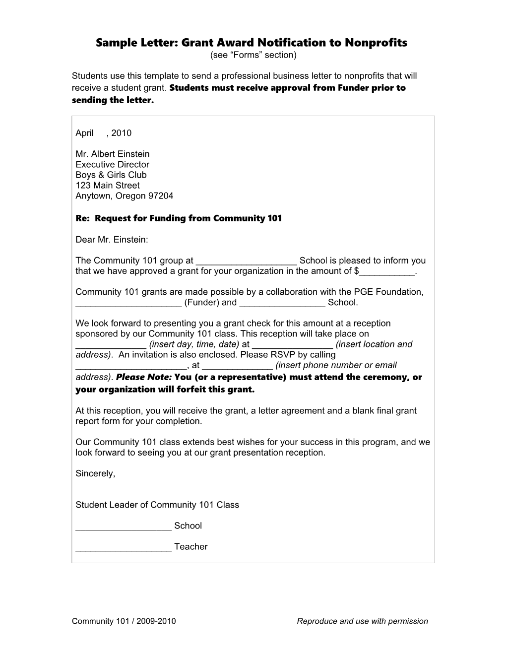 Sample Letter: Grant Award Notification to Nonprofits