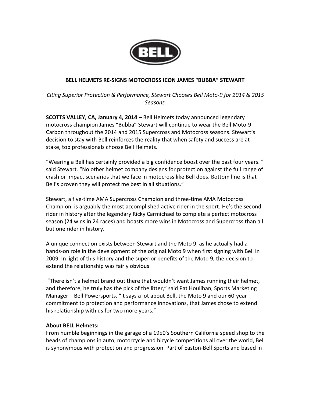Bell Helmets Re-Signs Motocross Icon James Bubba Stewart