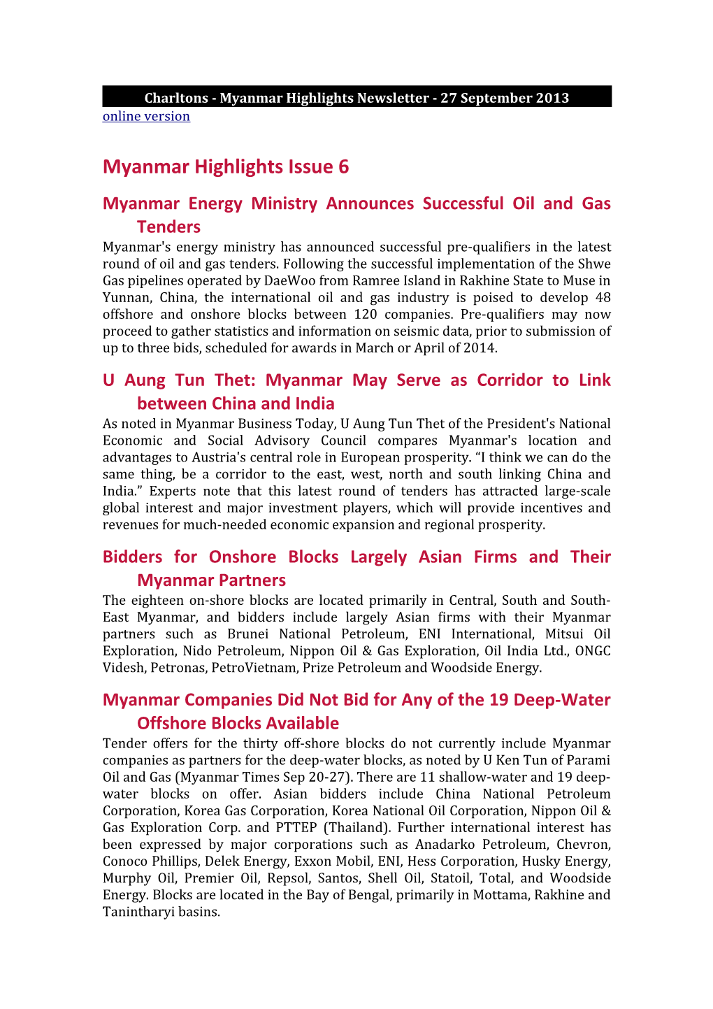 Charltons - Myanmar Highlights Newsletter - 27 September 2013