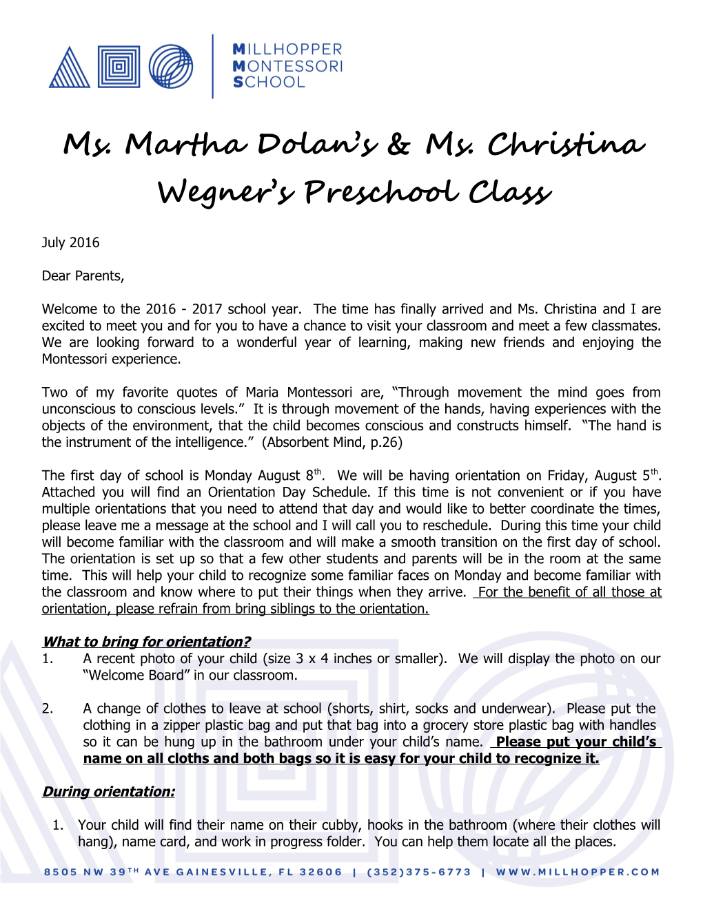 Ms. Martha Dolan S & Ms. Christina Wegner S Preschool Class