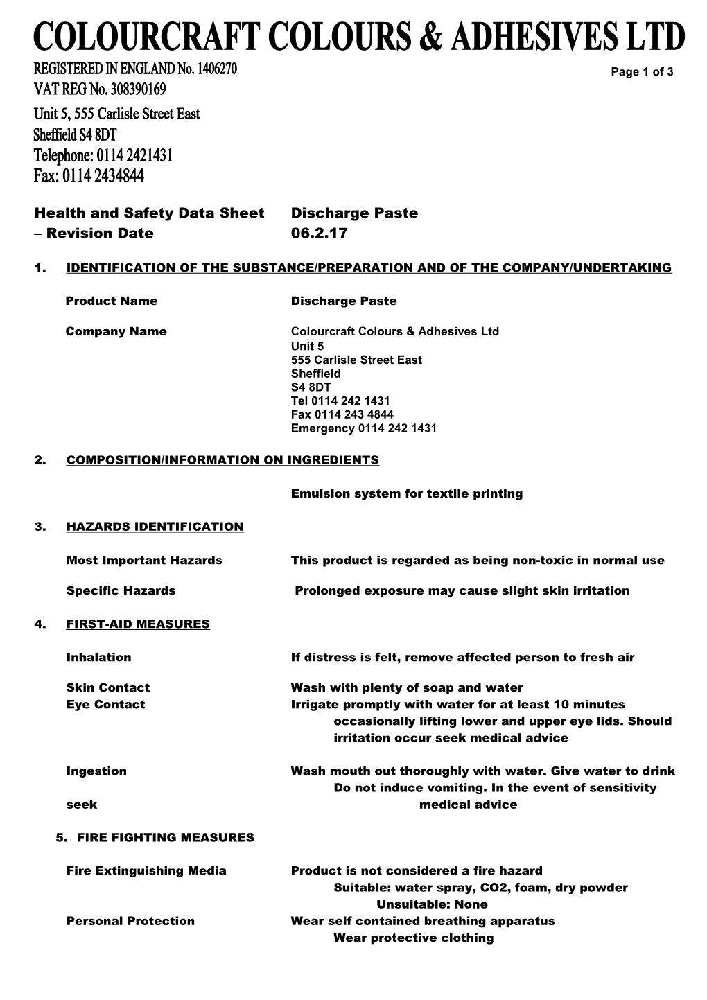 Health and Safety Data Sheetdischarge Paste Revision Date06.2.17