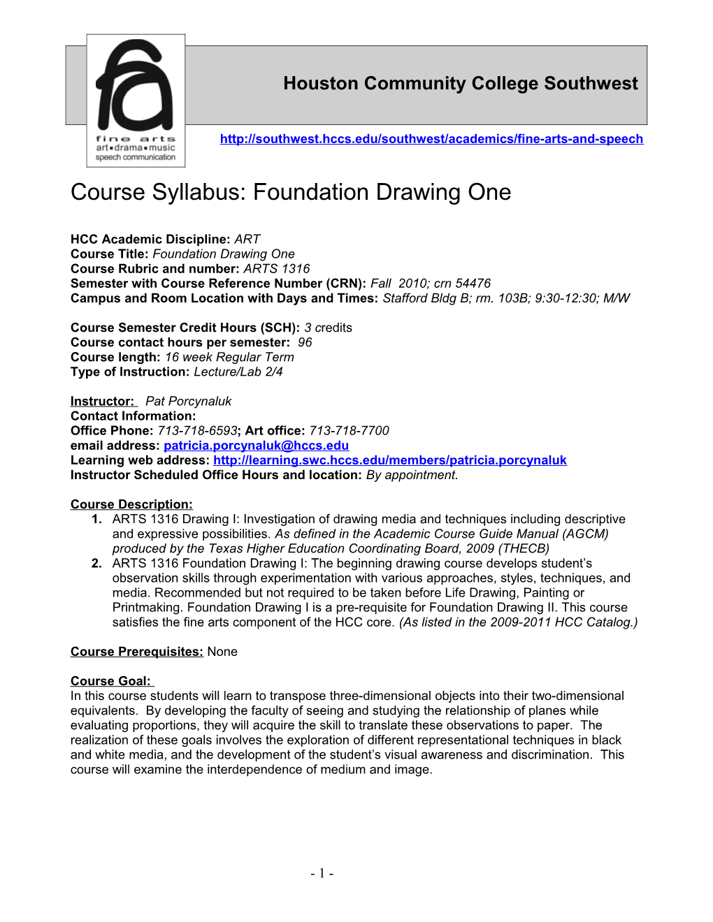 Course Syllabus: Foundation Drawing One
