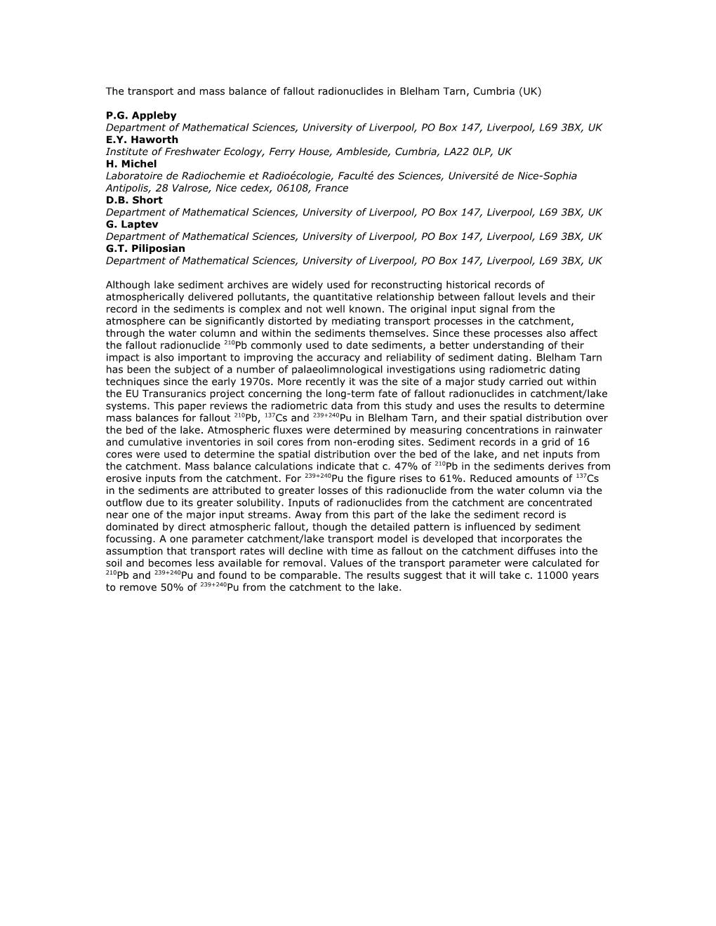 The Transport and Mass Balance of Fallout Radionuclides in Blelham Tarn, Cumbria (UK)