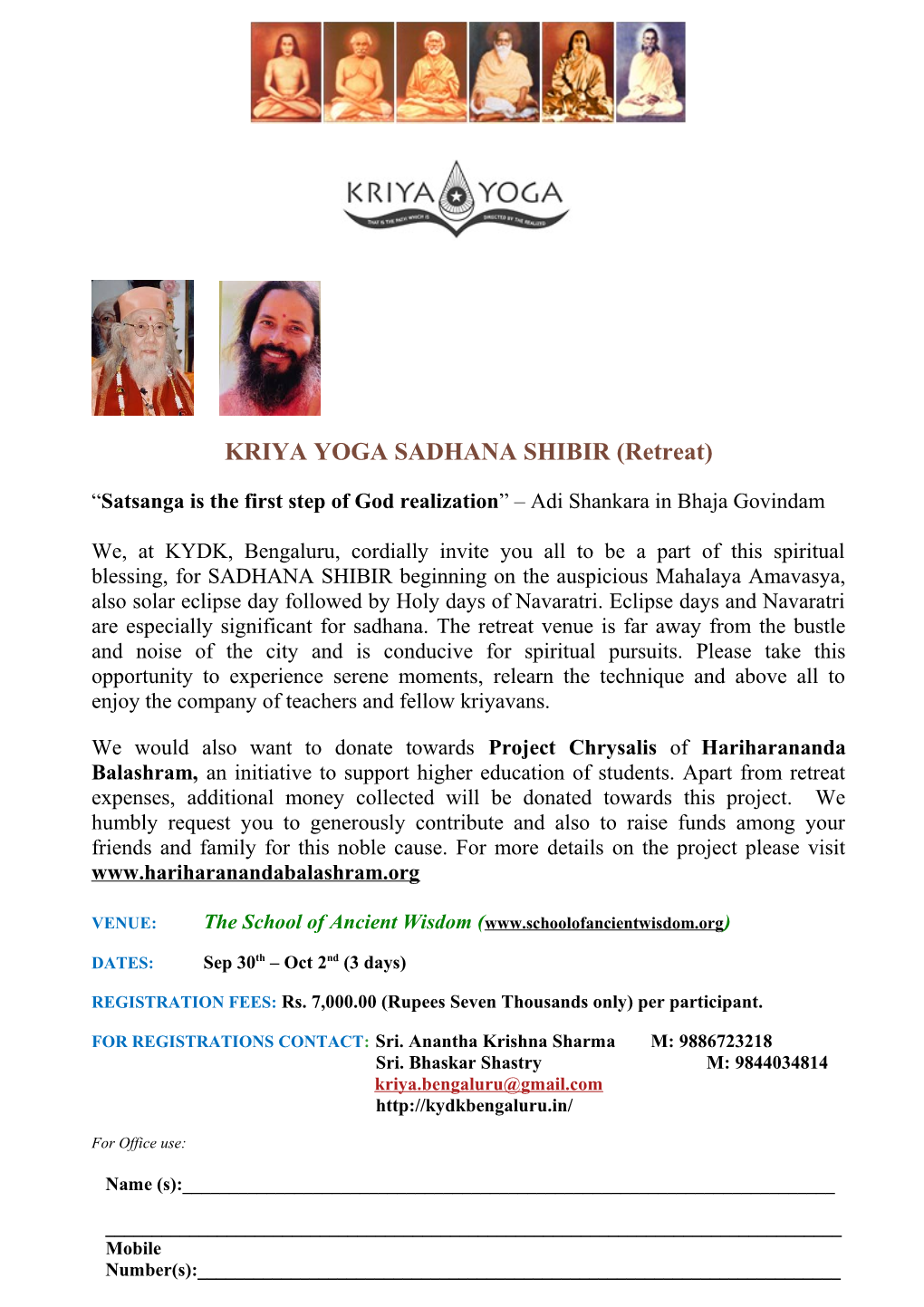 KRIYA YOGA SADHANA SHIBIR (Retreat)