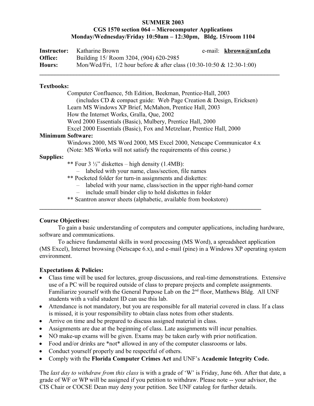 CGS 1570 Section 064 Microcomputer Applications