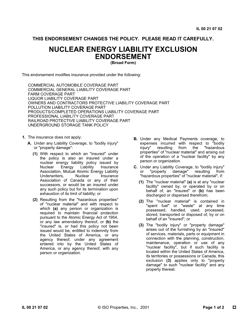 Nuclear Energy Liability Exclusion Endorsement