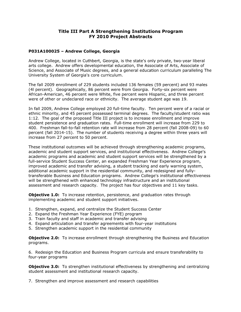 FY 2010 Project Abstracts Under the Title III Part a Strengthening Institutions Program