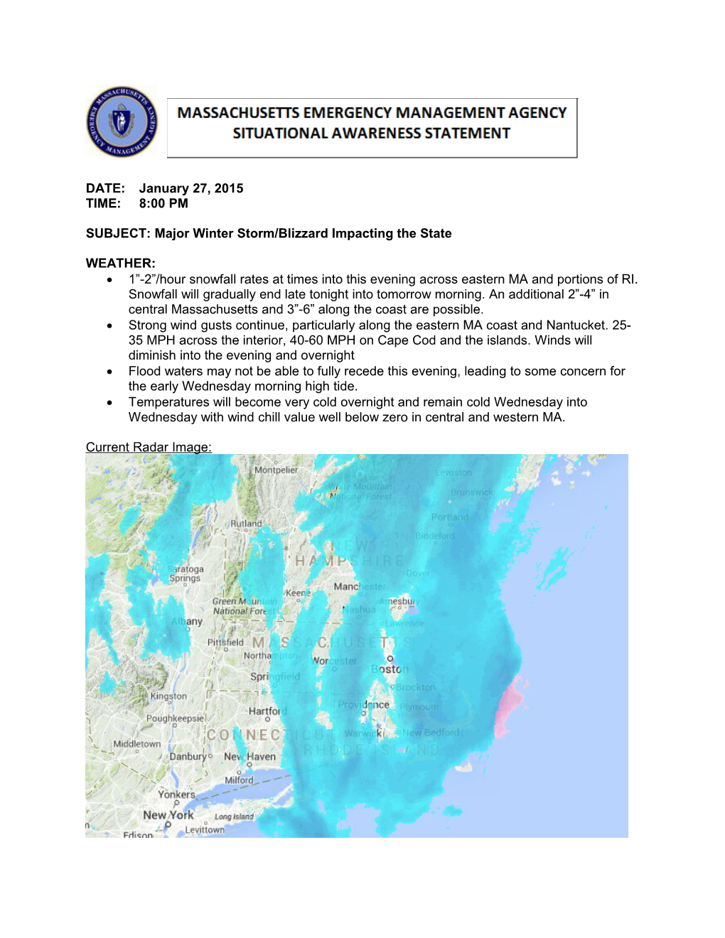 SUBJECT: Major Winter Storm/Blizzard Impacting the State