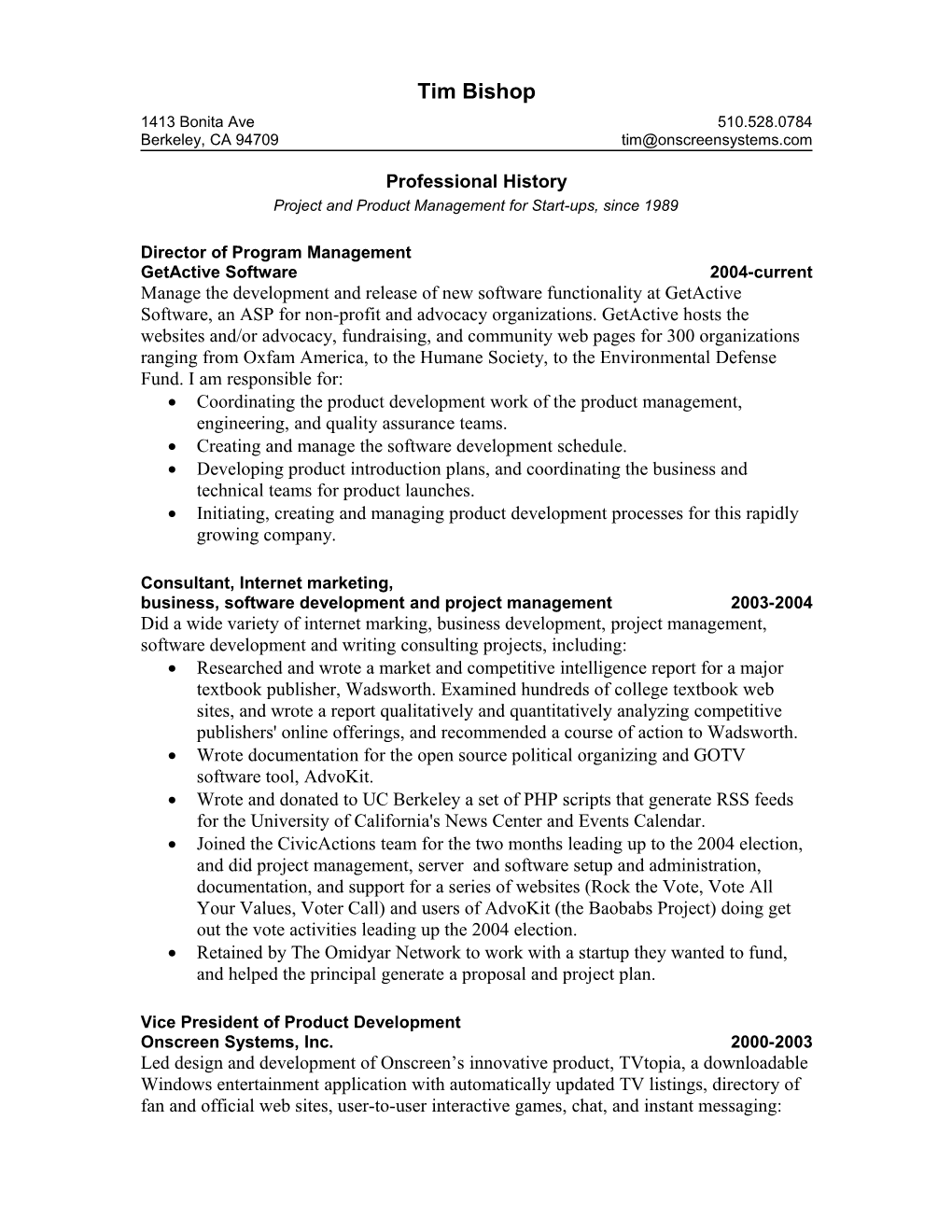 Tim Bishop Resume