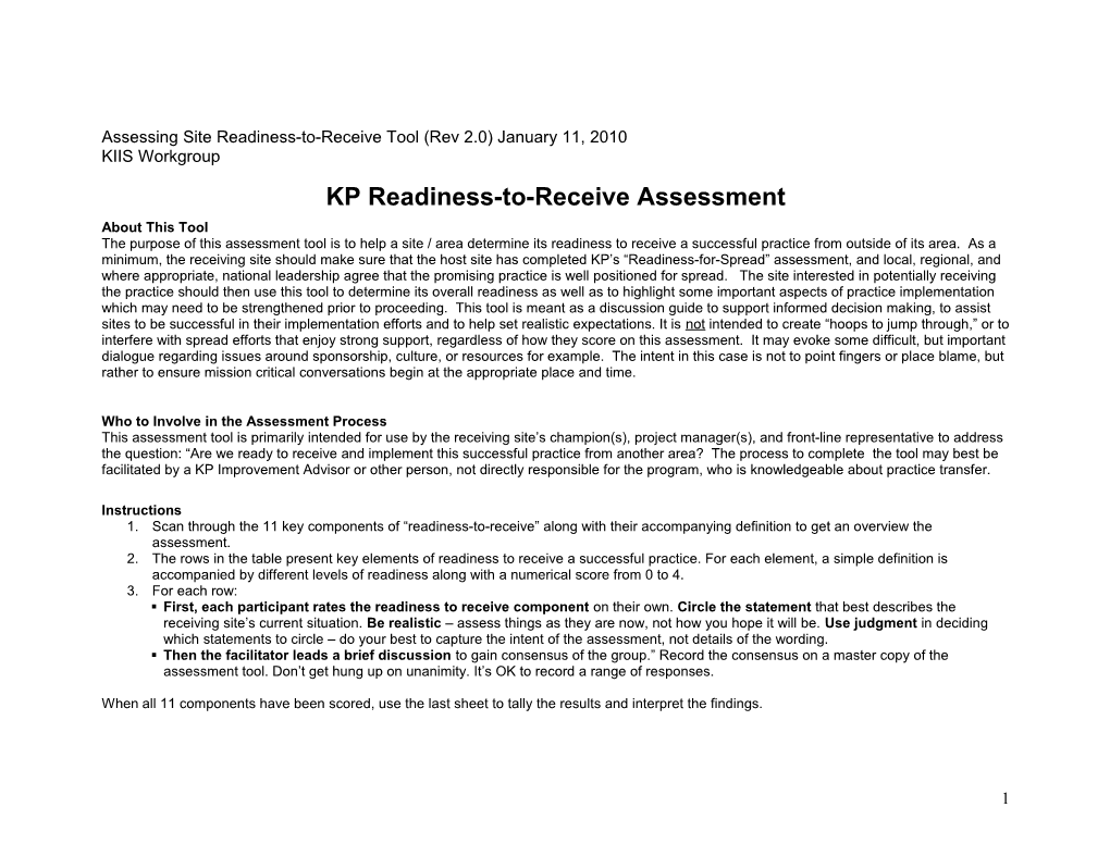 Assessing Site Readiness Tool