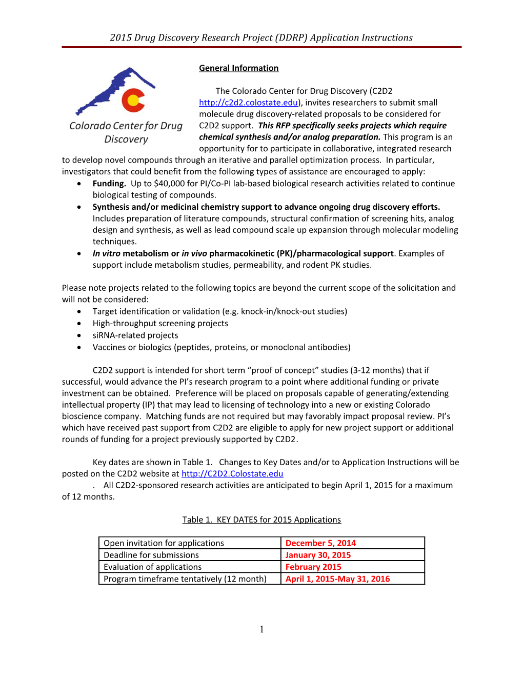 2011 C2D2 Drug Discovery Research Project Application Instructions