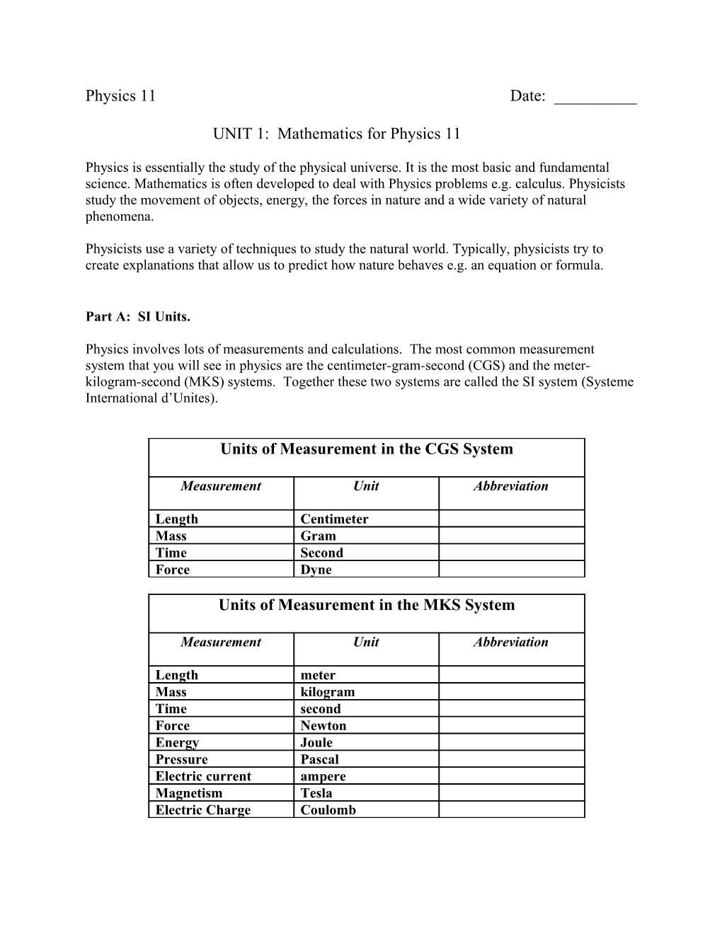 UNIT 1: Mathematics Review for Physics 11