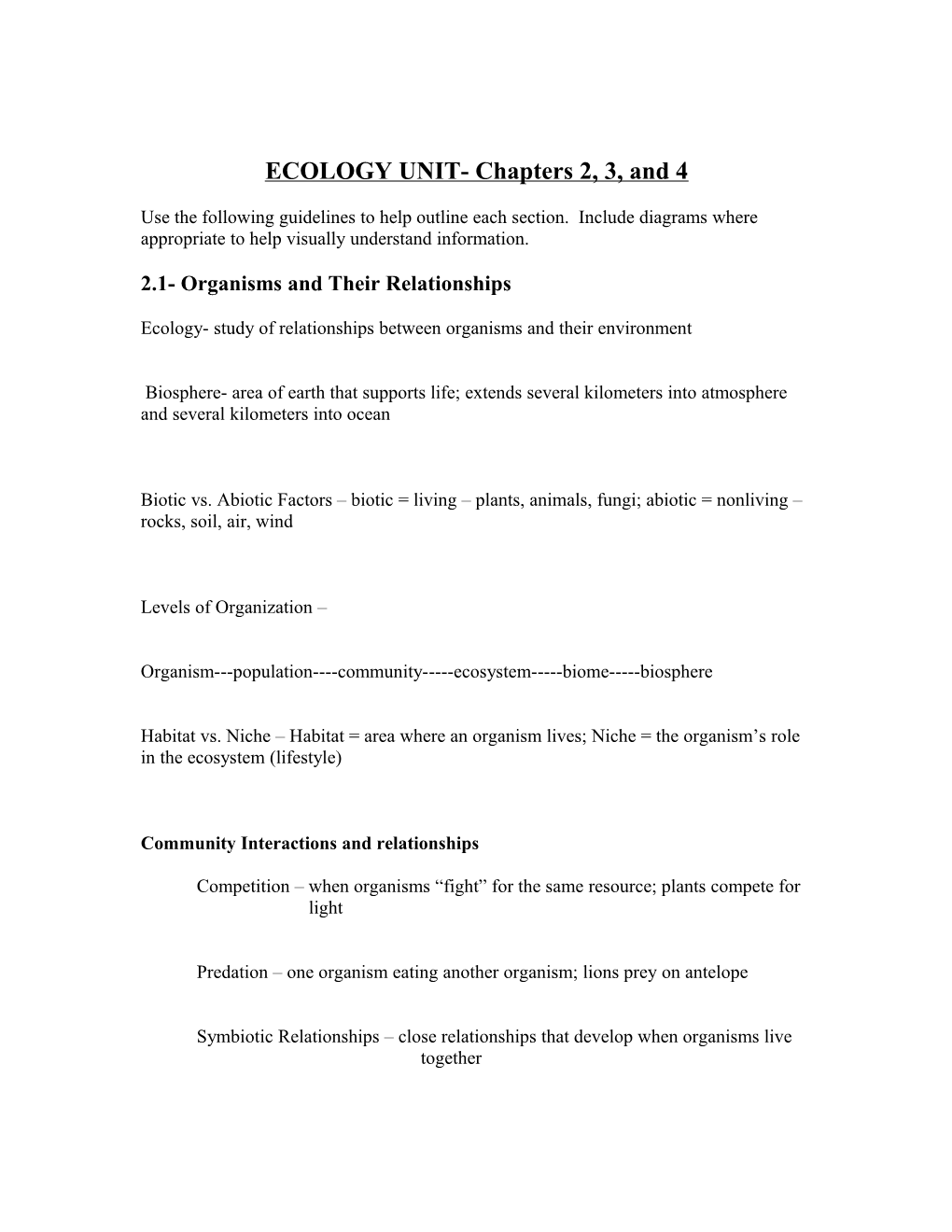 ECOLOGY UNIT- Chapters 2, 3, and 4