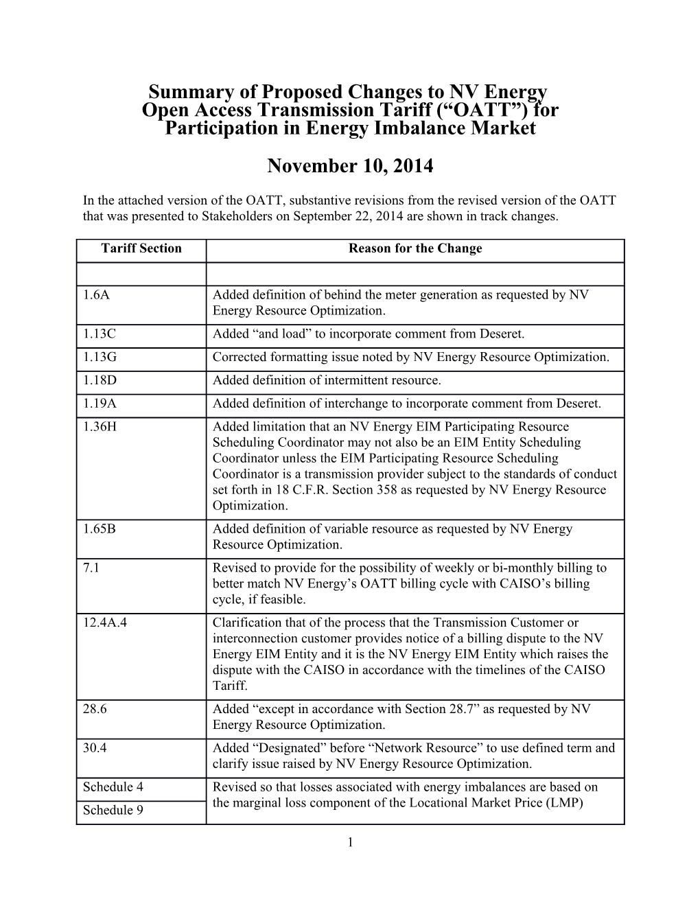 Summary of Proposed Changes to NV Energy Open Access Transmission Tariff ( OATT ) For