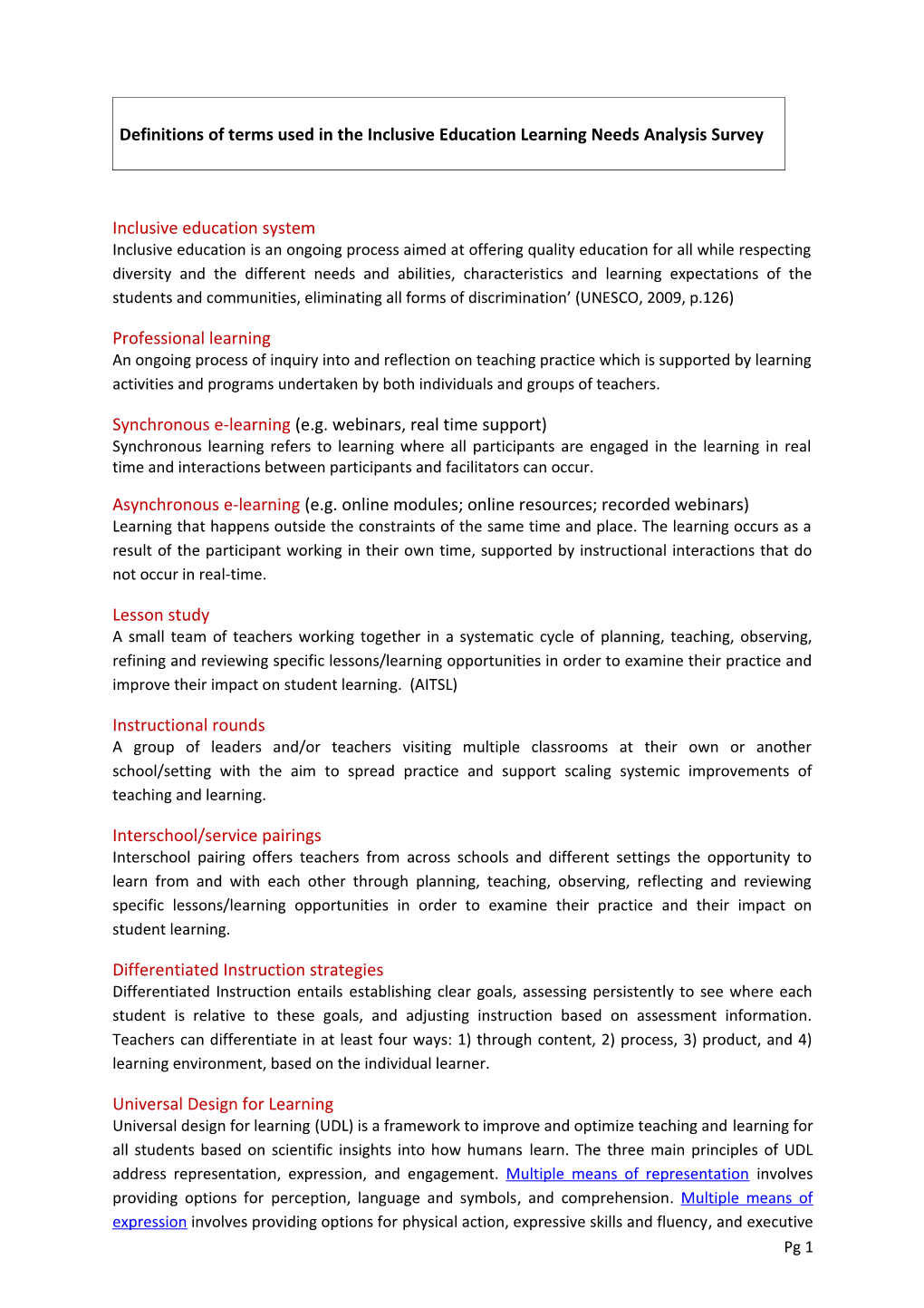 Definitions of Terms Used in the Inclusive Education Learning Needs Analysis Survey