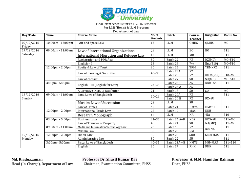 Final Exam Schedule for Fall -2016 Semester