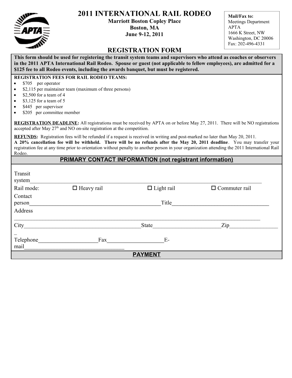APTA Rail Rodeo Registration Form