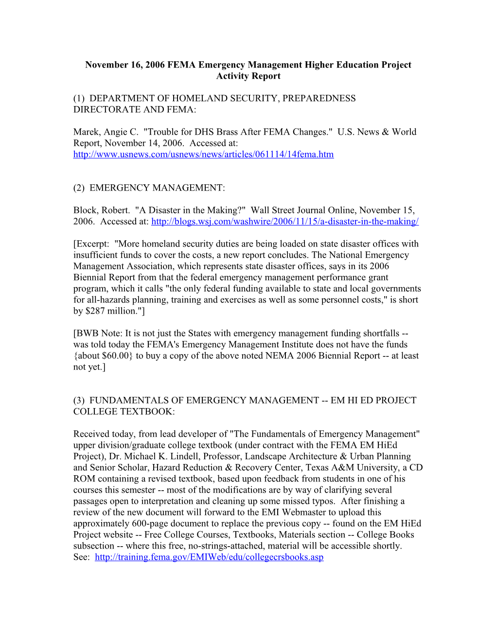 November 16, 2006 FEMA Emergency Management Higher Education Project Activity Report