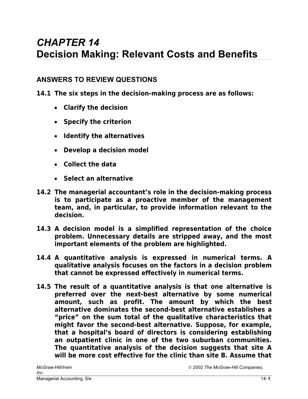 Decision Making: Relevant Costs and Benefits