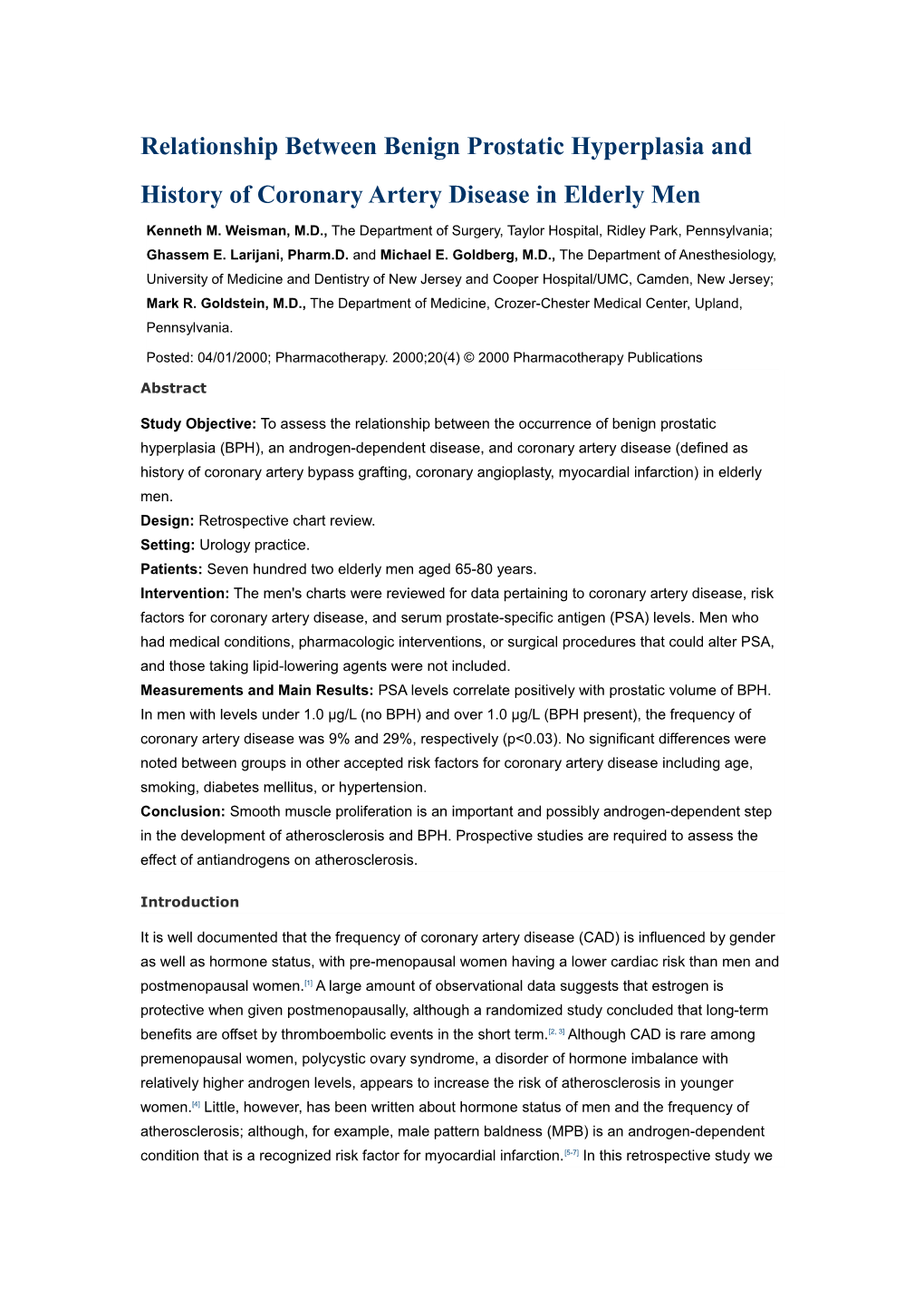 Relationship Between Benign Prostatic Hyperplasia and History of Coronary Artery Disease