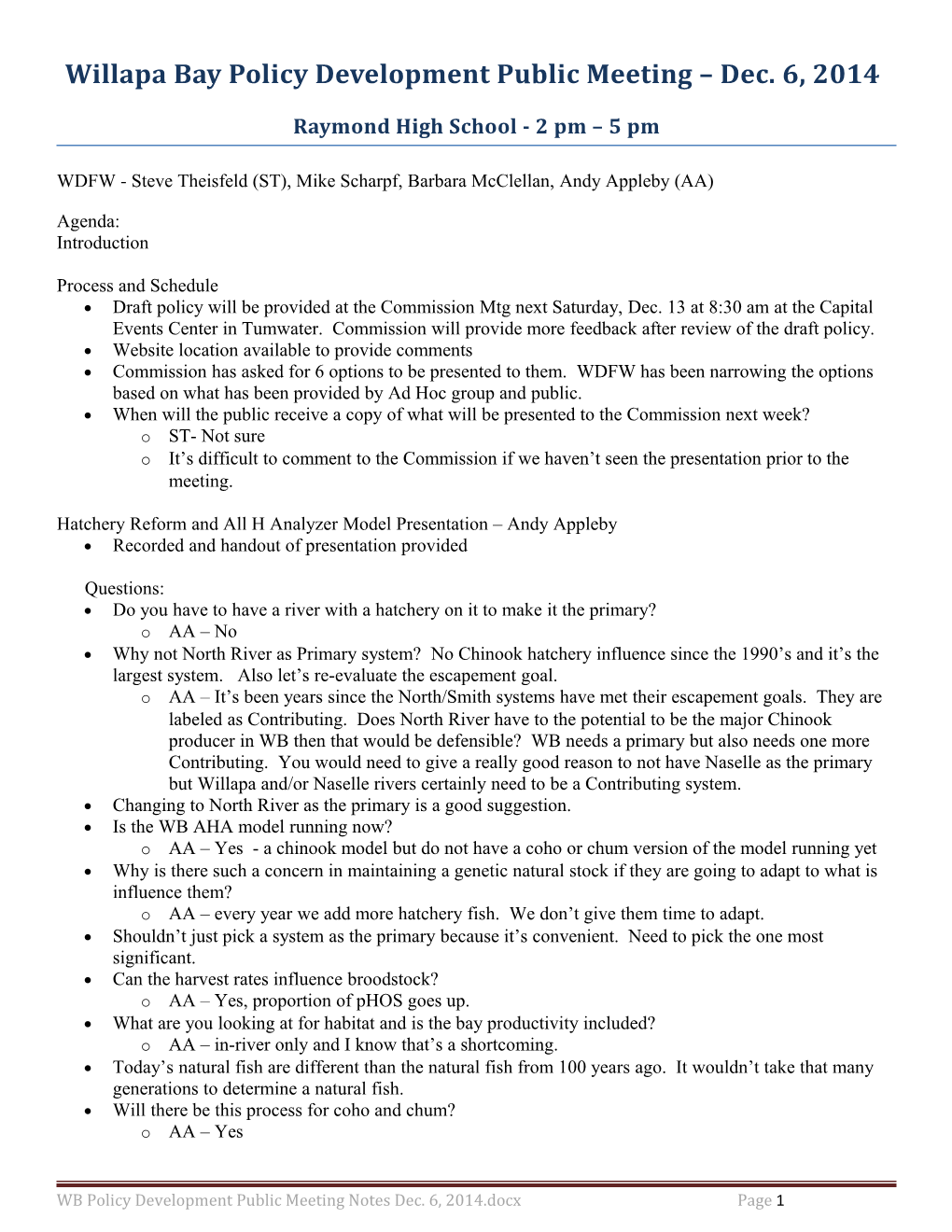 Willapa Bay Policy Developmentpublic Meeting Dec. 6, 2014