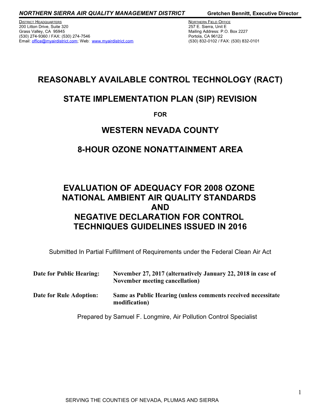 NORTHERN SIERRA AIR QUALITY MANAGEMENT DISTRICT Gretchen Bennitt, APCO