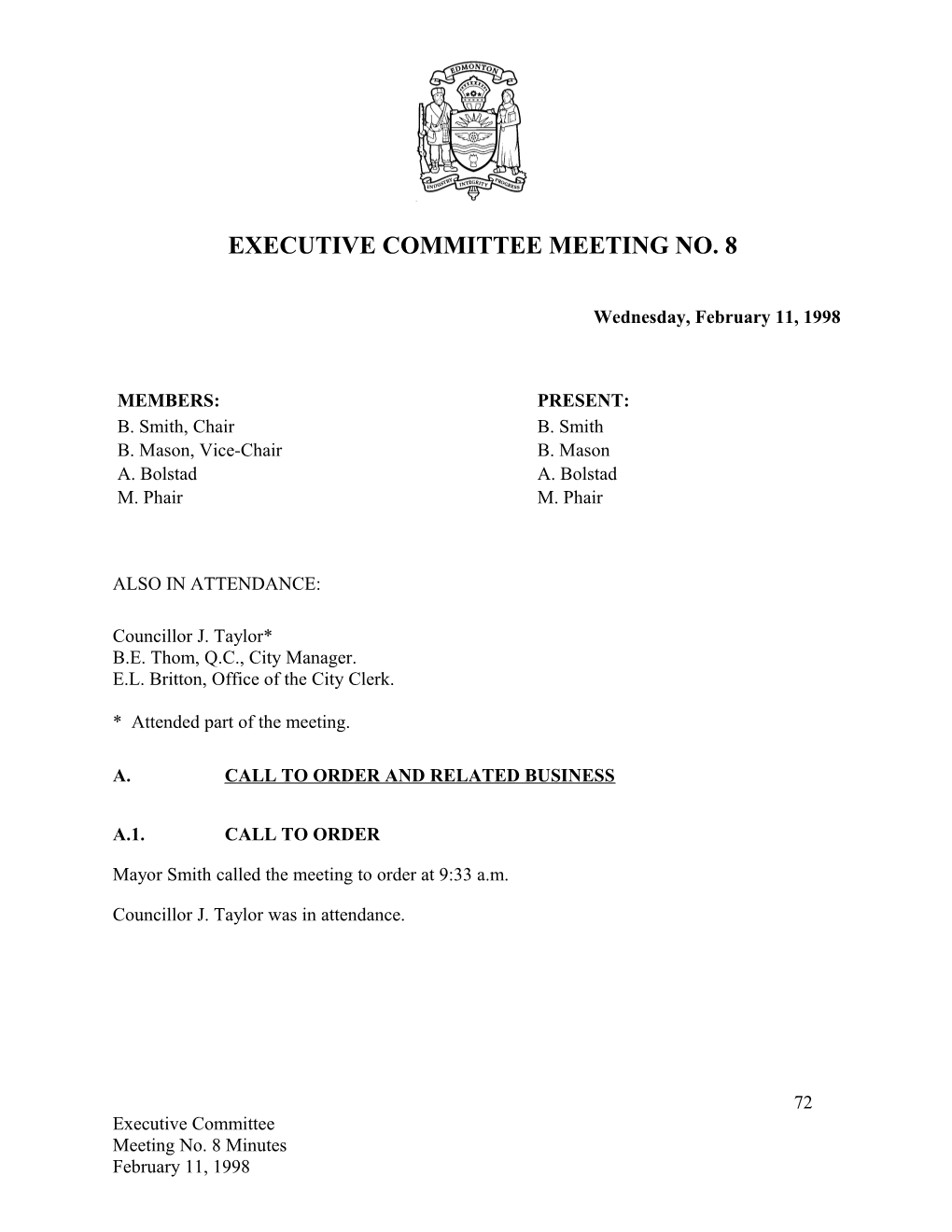 Minutes for Executive Committee February 11, 1998 Meeting