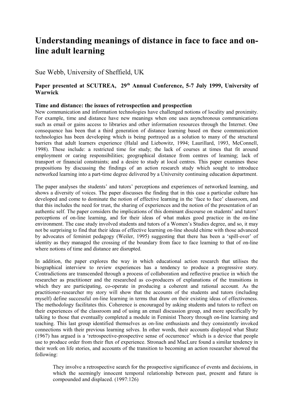 Understanding Meanings of Distance in Face to Face and On-Line Adult Learning