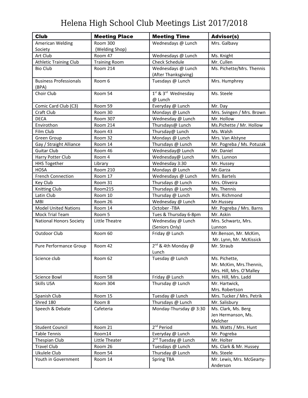 Helena High School Club Meetings List 2017/2018